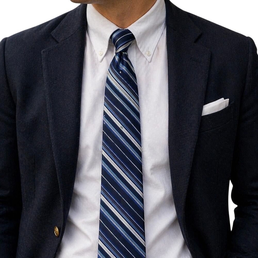Perry Ellis Portfolio Navy Blue Striped Tie Classic Preppy Business Formal